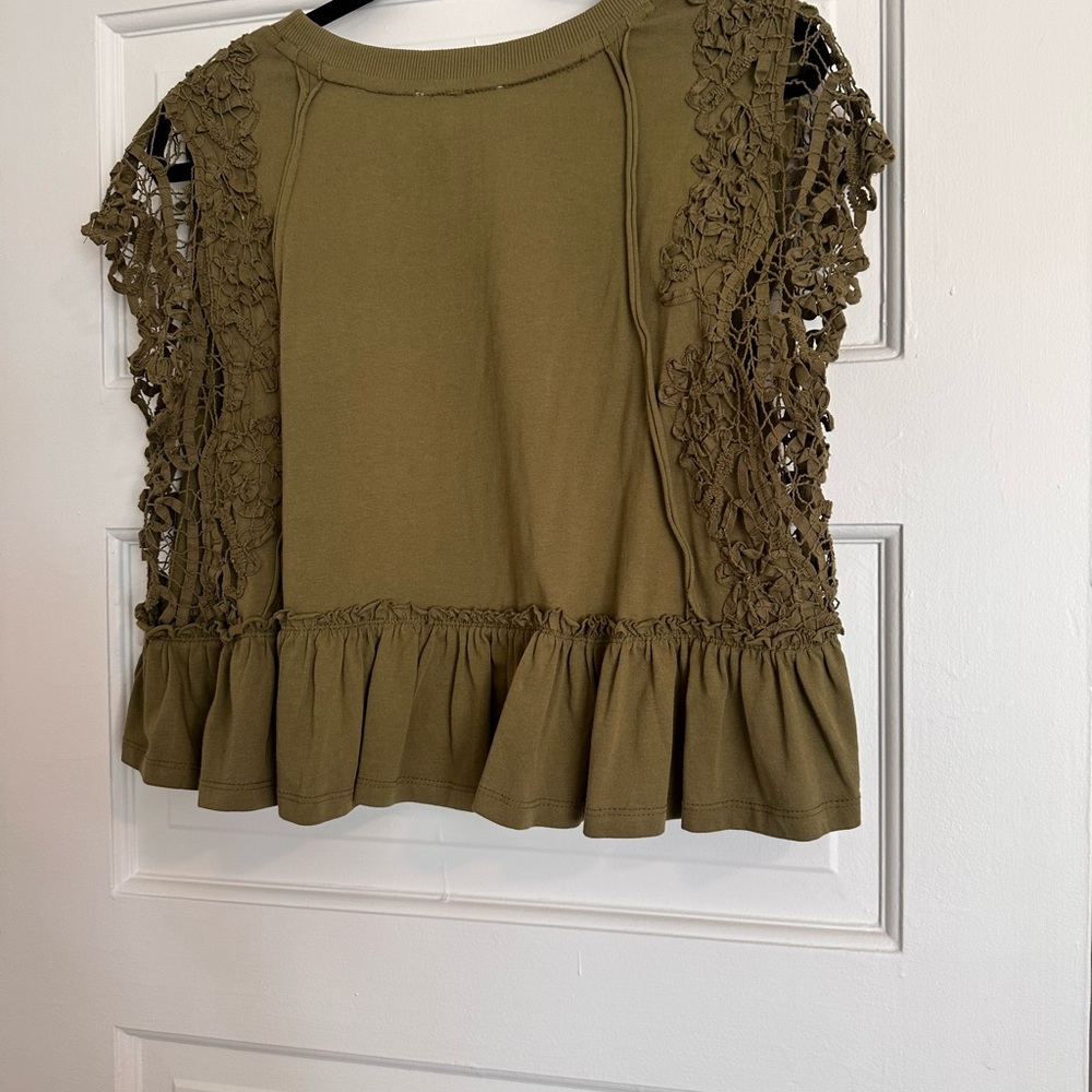 Anthropologie Lace Sleeve Ruffle Hem Crop Top Moss Green Medium - Picture 5 of 9